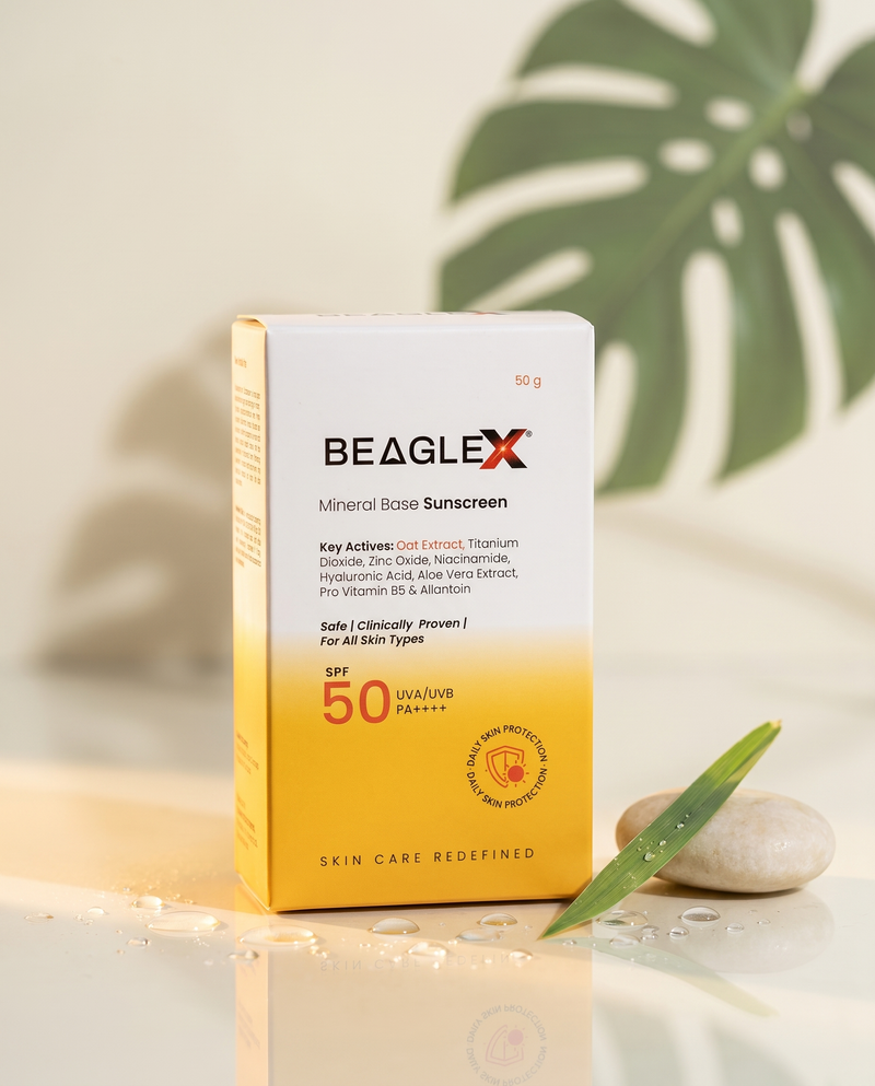 BeagleX Mineral Base Sunscreen SPF 50 PA++++ | Broad Spectrum, No White Cast | For All Skin Types – 50g